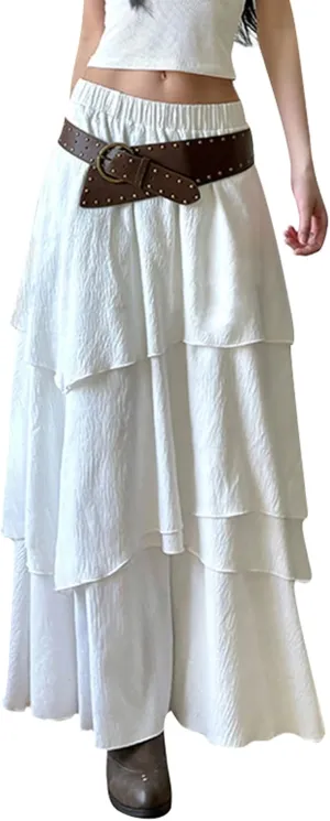 Women Y2K Ruffle Layered Maxi Skirt Elastic Waist Asymmetrical Hem Lace Trim A-line Long Skirt Holiday Vacation