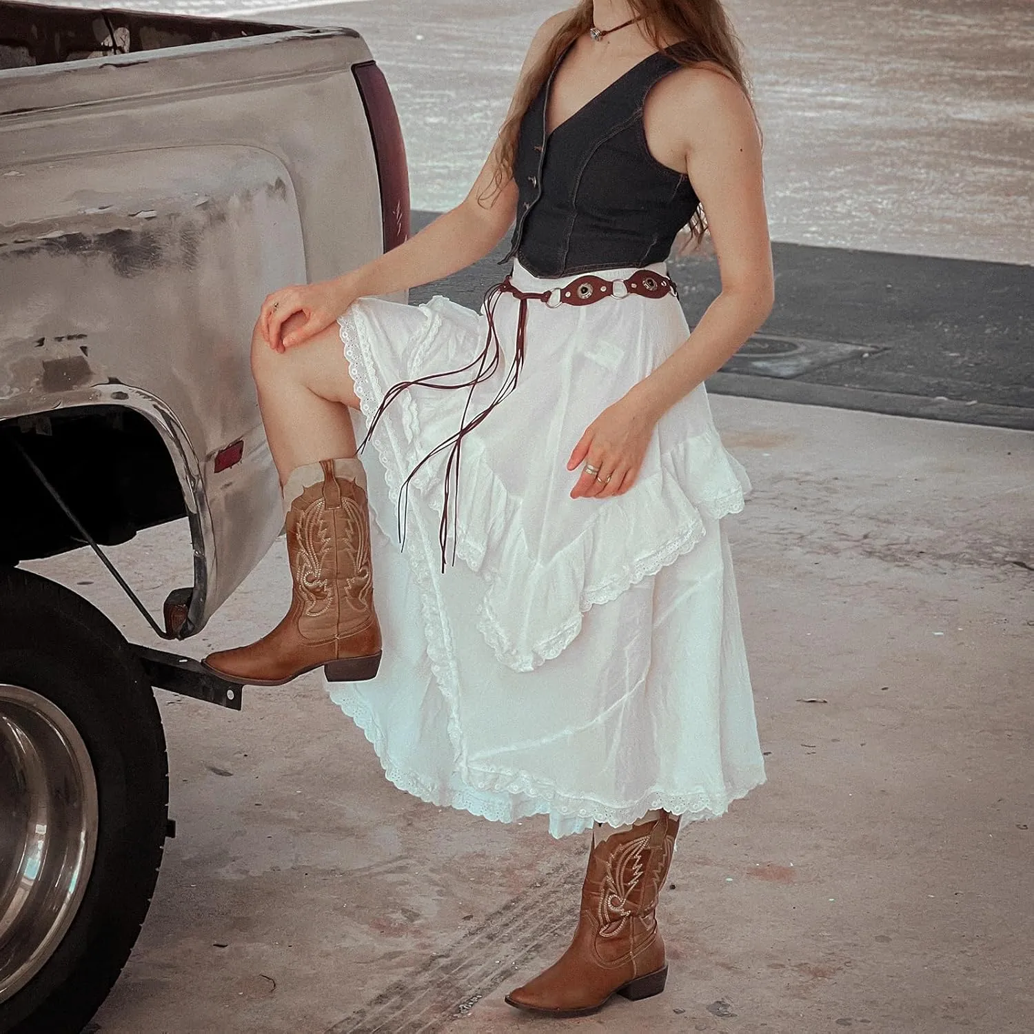 Women Y2K Ruffle Layered Maxi Skirt Elastic Waist Asymmetrical Hem Lace Trim A-line Long Skirt Holiday Vacation