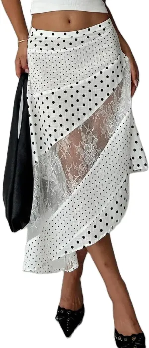 Women Y2K Ruffle Layered Maxi Skirt Elastic Waist Asymmetrical Hem Lace Trim A-line Long Skirt Holiday Vacation