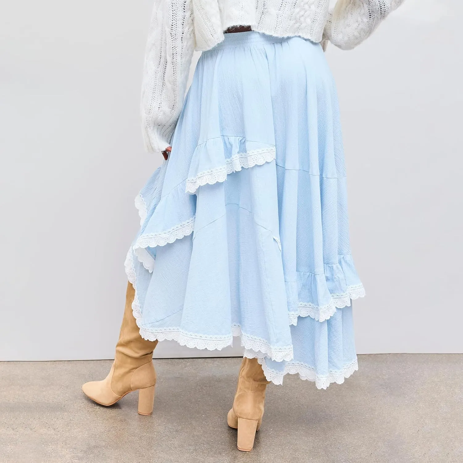 Women Y2K Ruffle Layered Maxi Skirt Elastic Waist Asymmetrical Hem Lace Trim A-line Long Skirt Holiday Vacation