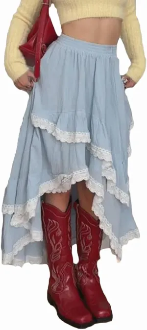 Women Y2K Ruffle Layered Maxi Skirt Elastic Waist Asymmetrical Hem Lace Trim A-line Long Skirt Holiday Vacation