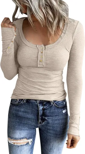 Women's 2023 Fall Long Sleeve Henley T Shirts Button Down Slim Fitted Tops Scoop Neck Ribbed Knit Casual Basic Shirts