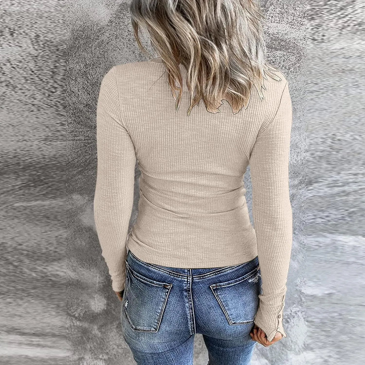 Women's 2023 Fall Long Sleeve Henley T Shirts Button Down Slim Fitted Tops Scoop Neck Ribbed Knit Casual Basic Shirts