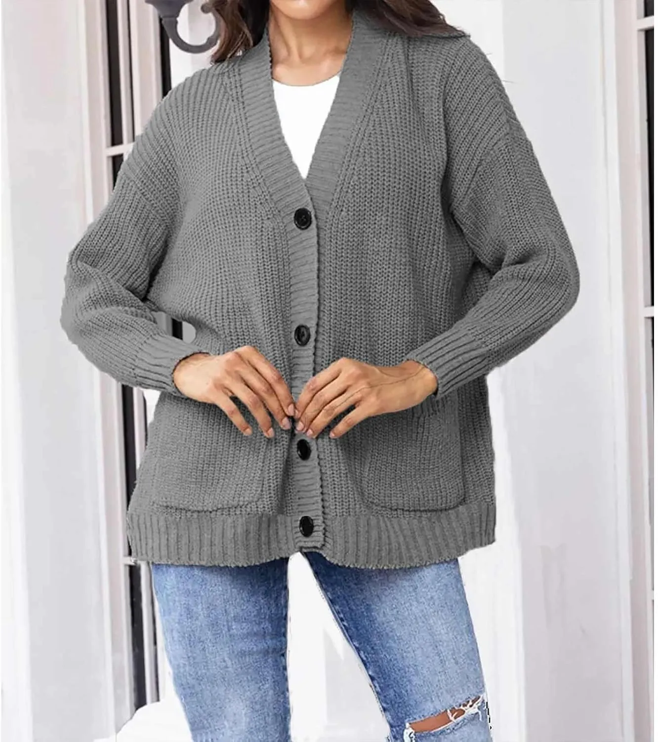 Women's Autumn Sweater Trendy Solid Knitted Button Down Long Sleeve Warm Loose Cardigan Winter Thick Crochet Coats