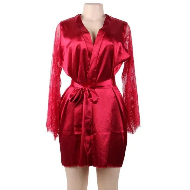 Womens Bathrobes Silk Lace Sleeve Bride Kimono Delicate Above Knee Sexy Sleep Robes For Women Satin Night Robe R80556