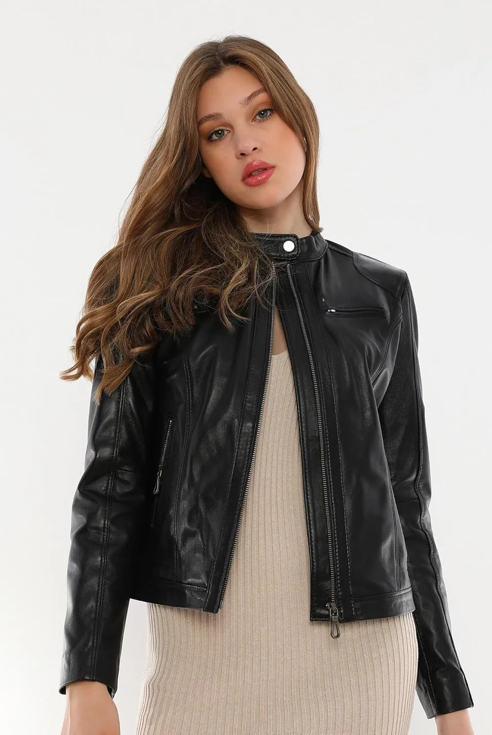 Women's Black Real Leather Moto Jacket | Soft Cafe Racer Lambskin Jacket