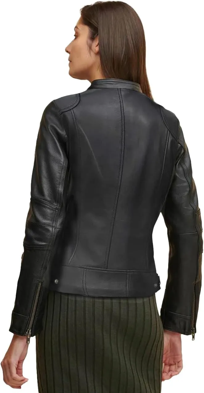 Women's Black Real Leather Moto Jacket | Soft Cafe Racer Lambskin Jacket