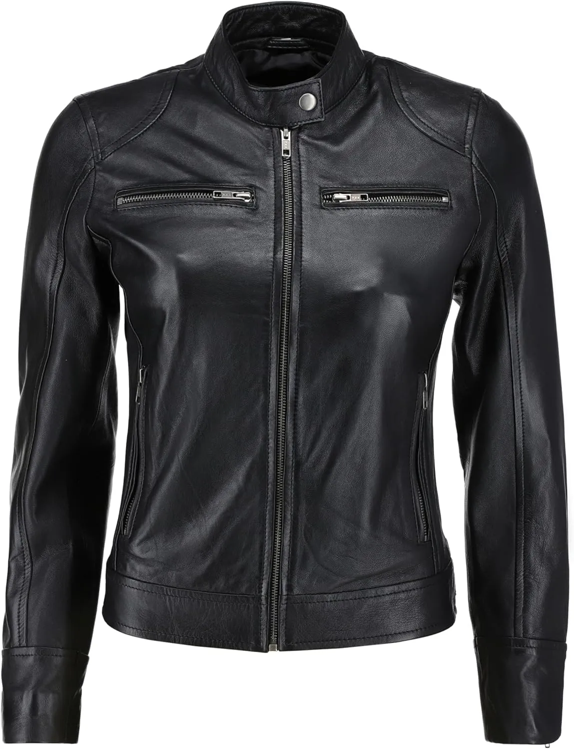 Women's Black Real Leather Moto Jacket | Soft Cafe Racer Lambskin Jacket