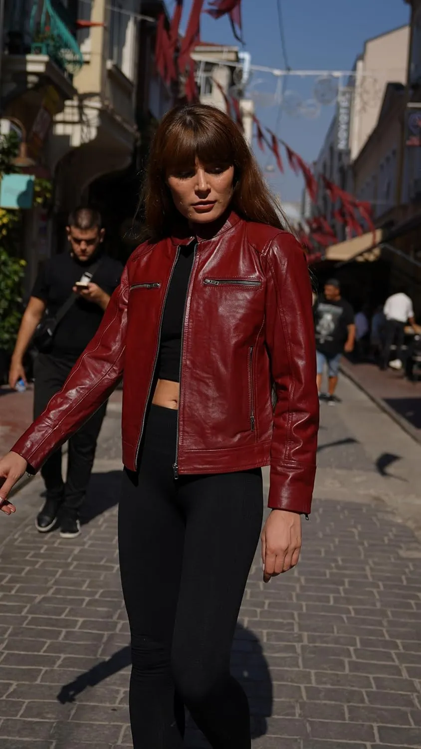 Women's Black Real Leather Moto Jacket | Soft Cafe Racer Lambskin Jacket