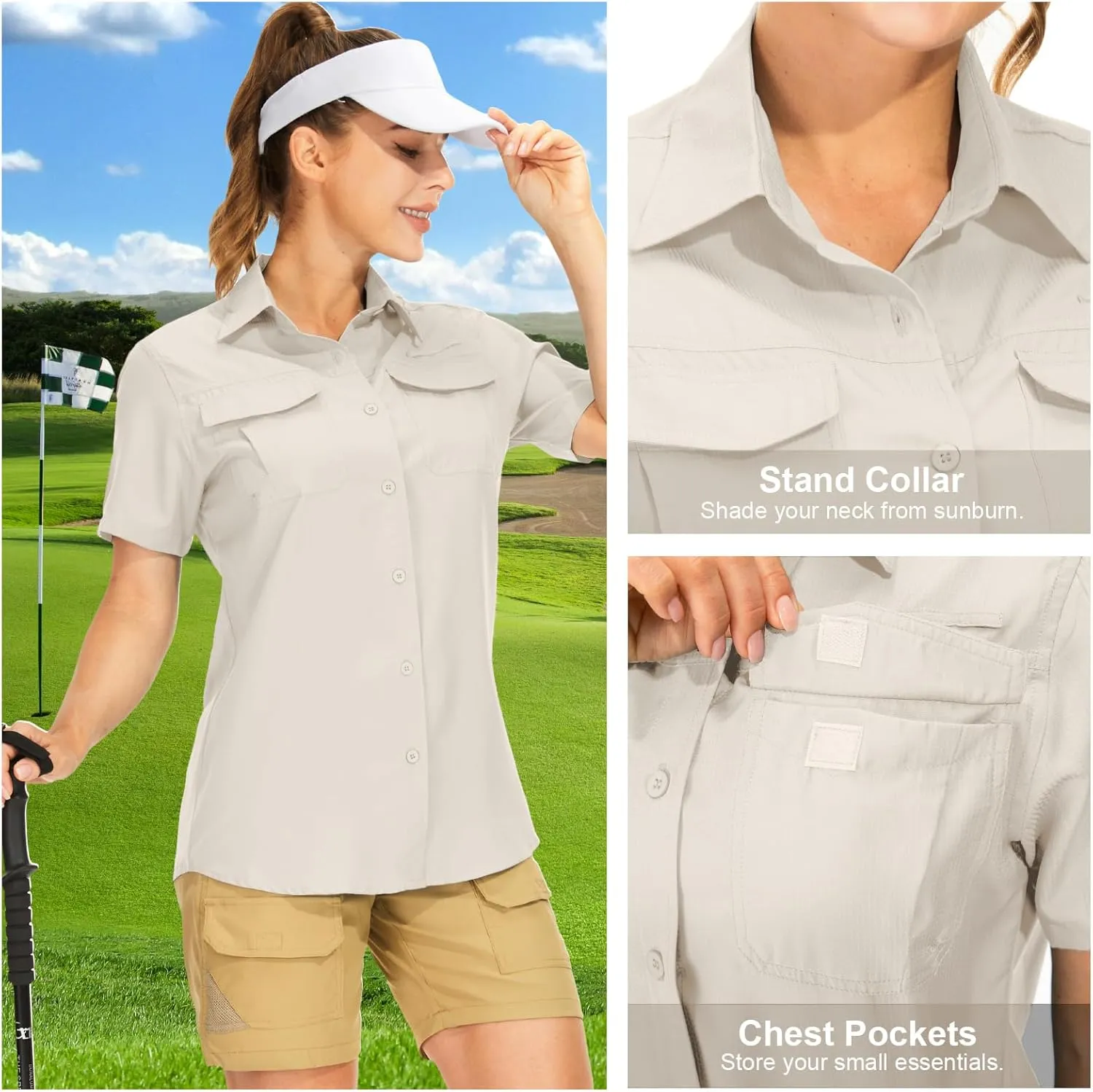 Women's Button Down Shirts UPF 50  Short Sleeve Sun Protection Shirts Stretch Quick Dry Shirt for Fishing, Hiking, Travel