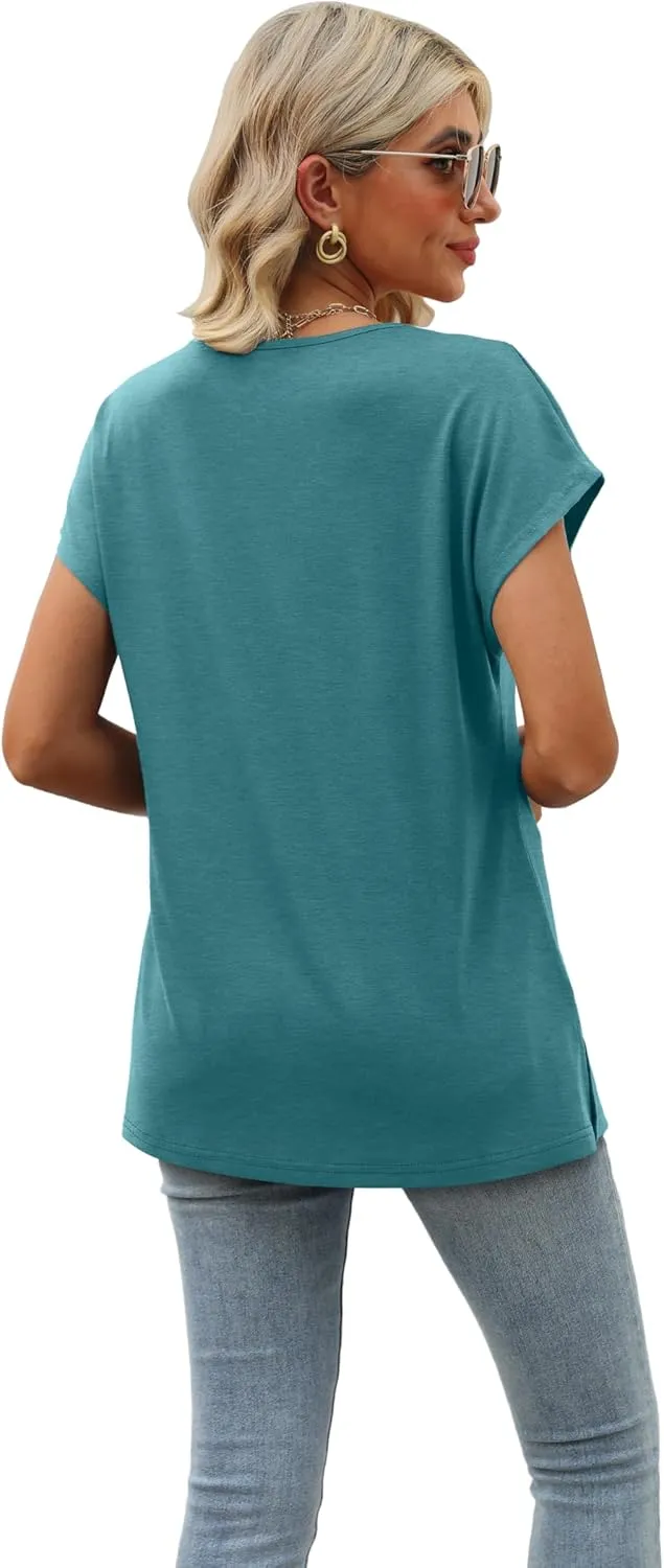 Womens Cap Sleeve Summer Tops 2025 Trendy Tank Tops Lace V Neck Loose Fit Shirts