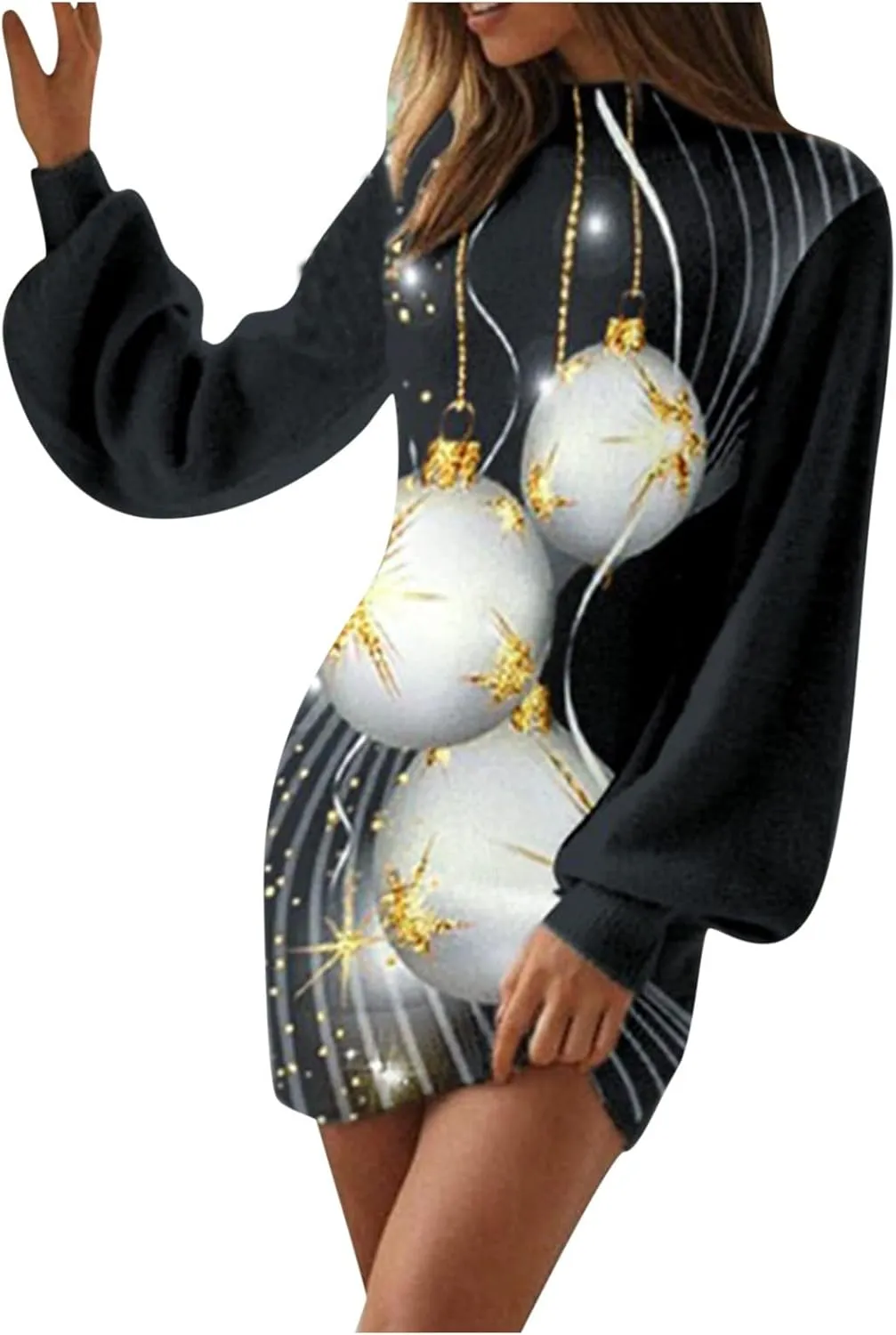 Women's Christmas Mid-Length Dress Colorful Print Slim Fit Casualutumn Long Sleeve Fashion Sweater Jumper Dresses