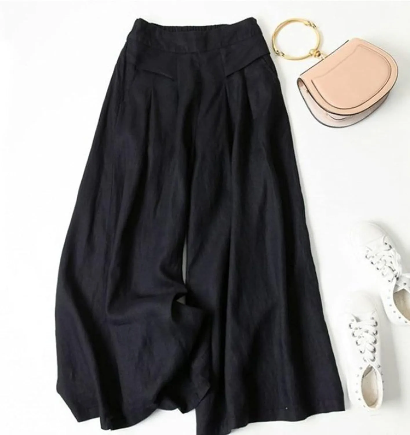 Women's Cotton Linen Casual Trousers High Waist Stretch Lightweight Joggers Summer Wide Leg Drape Cropped Pant with Pocket