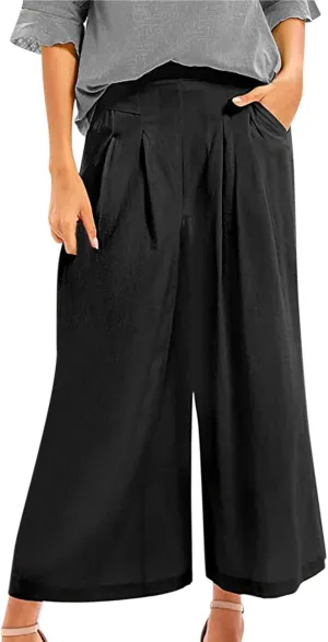 Women's Cotton Linen Casual Trousers High Waist Stretch Lightweight Joggers Summer Wide Leg Drape Cropped Pant with Pocket