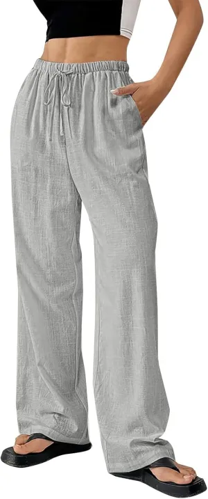 Women's Cotton Linen Straight Leg Pants Elastic Drawstring Lightweight Trousers with Pockets Summer Beach Lounge Pant