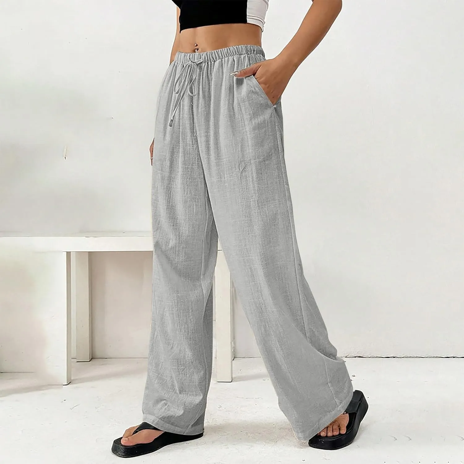 Women's Cotton Linen Straight Leg Pants Elastic Drawstring Lightweight Trousers with Pockets Summer Beach Lounge Pant
