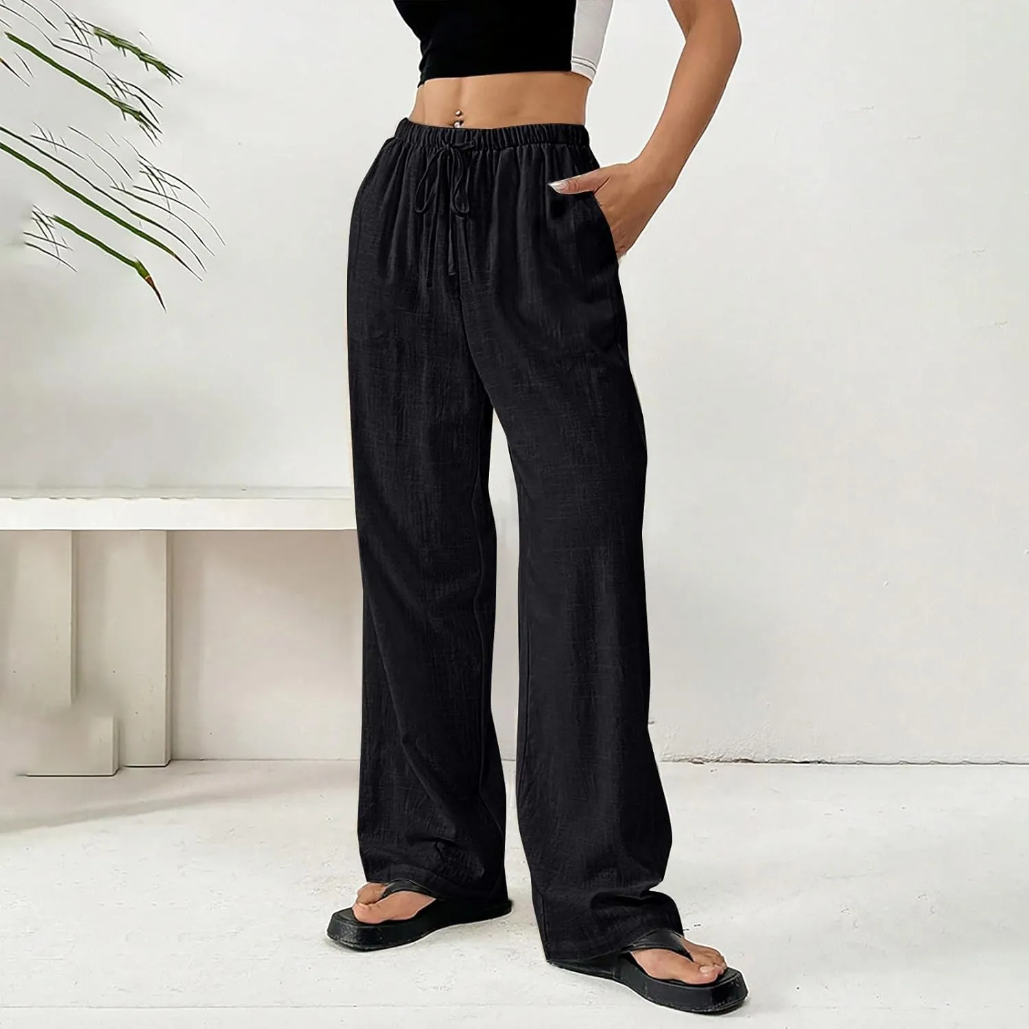 Women's Cotton Linen Straight Leg Pants Elastic Drawstring Lightweight Trousers with Pockets Summer Beach Lounge Pant