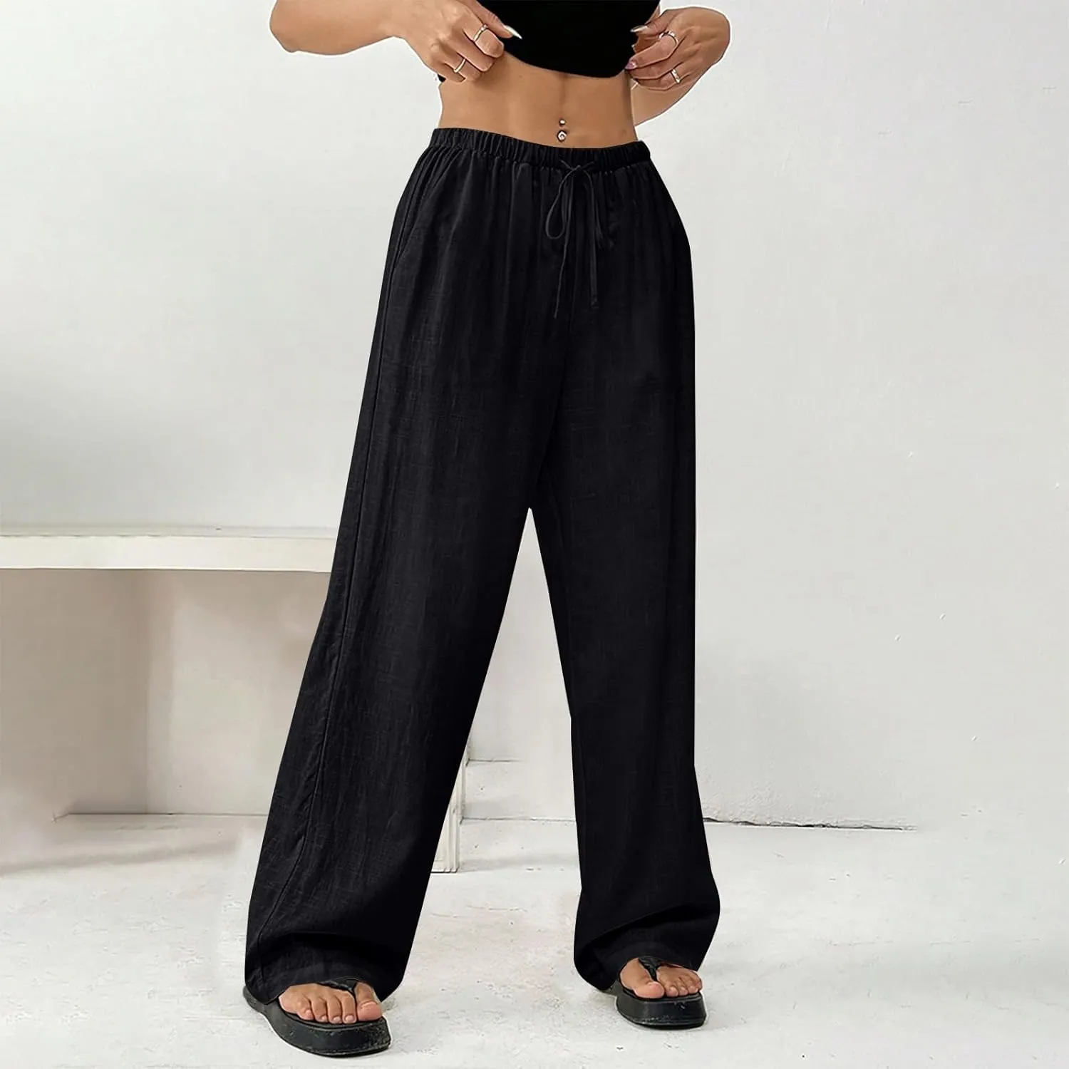 Women's Cotton Linen Straight Leg Pants Elastic Drawstring Lightweight Trousers with Pockets Summer Beach Lounge Pant