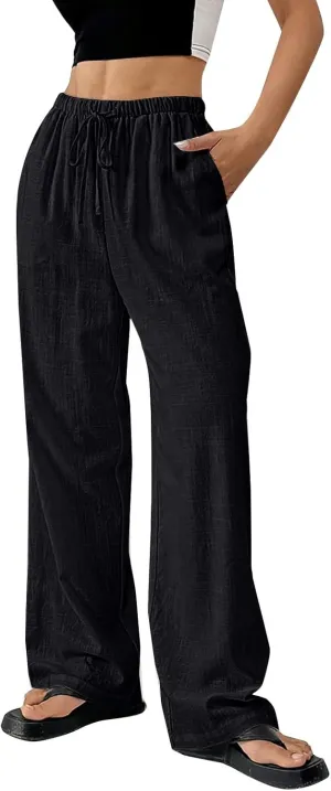 Women's Cotton Linen Straight Leg Pants Elastic Drawstring Lightweight Trousers with Pockets Summer Beach Lounge Pant