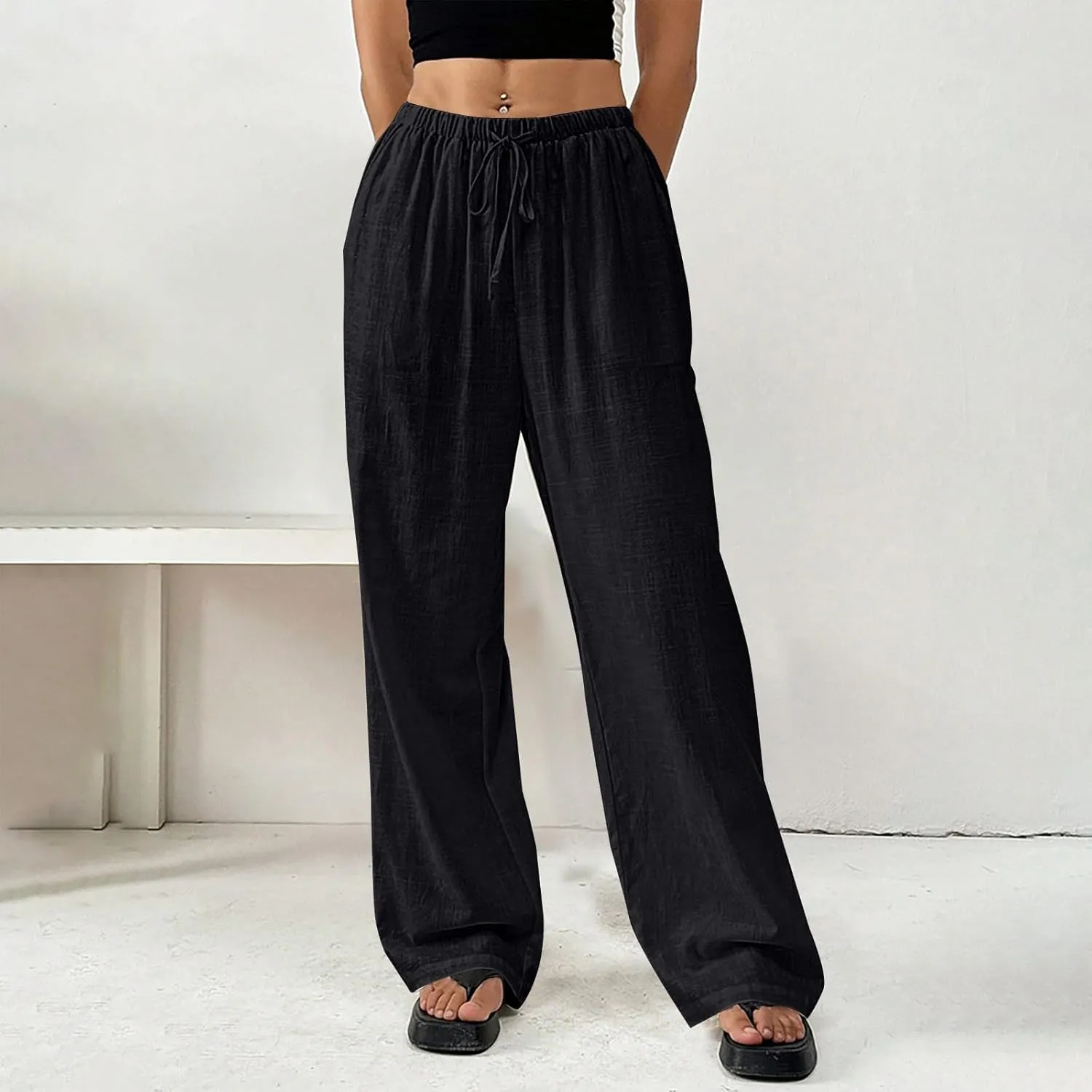 Women's Cotton Linen Straight Leg Pants Elastic Drawstring Lightweight Trousers with Pockets Summer Beach Lounge Pant