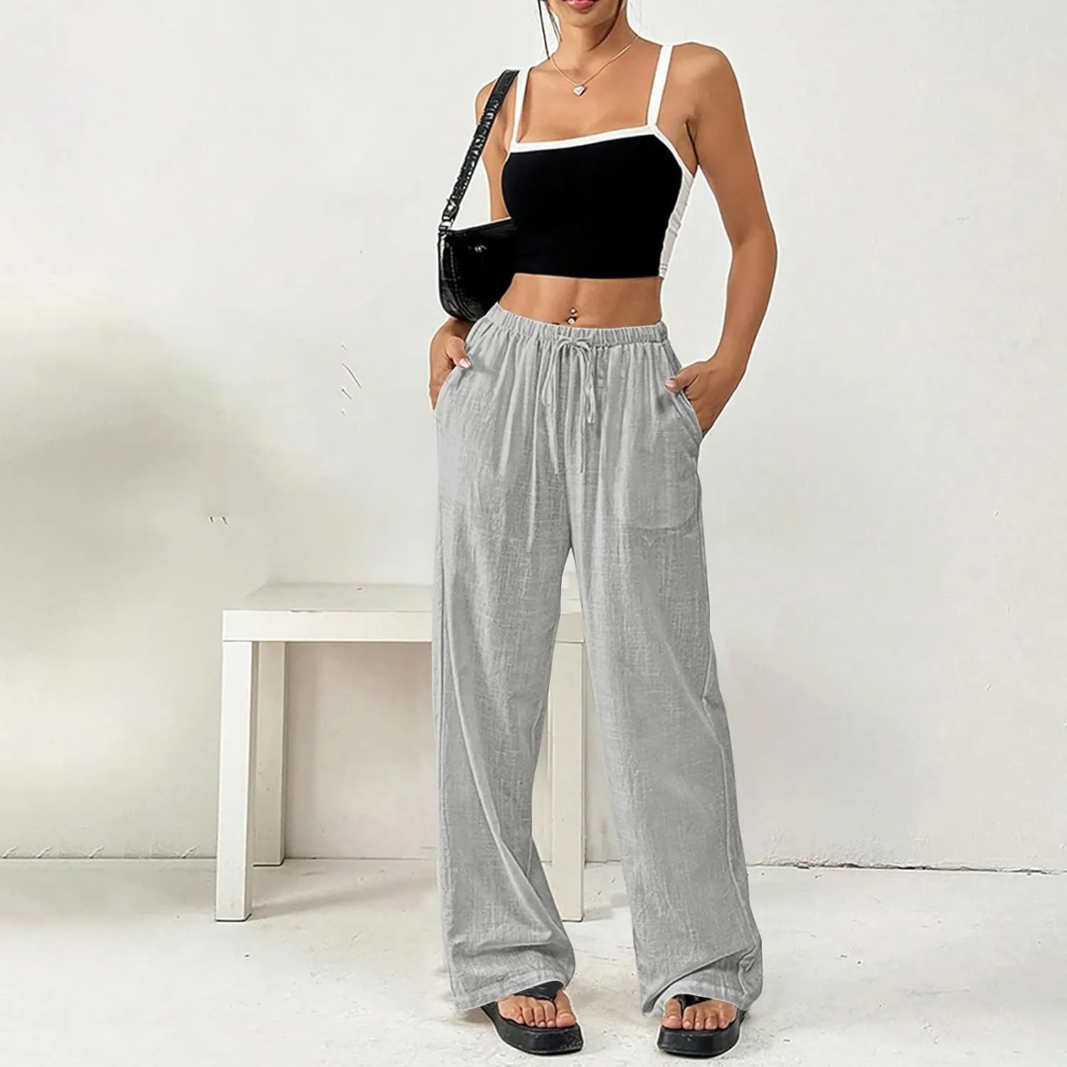 Women's Cotton Linen Straight Leg Pants Elastic Drawstring Lightweight Trousers with Pockets Summer Beach Lounge Pant