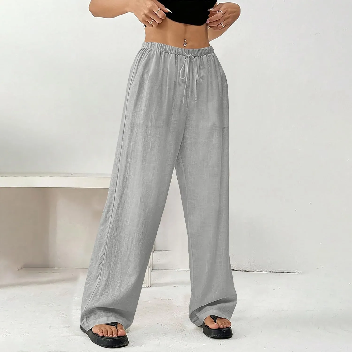 Women's Cotton Linen Straight Leg Pants Elastic Drawstring Lightweight Trousers with Pockets Summer Beach Lounge Pant