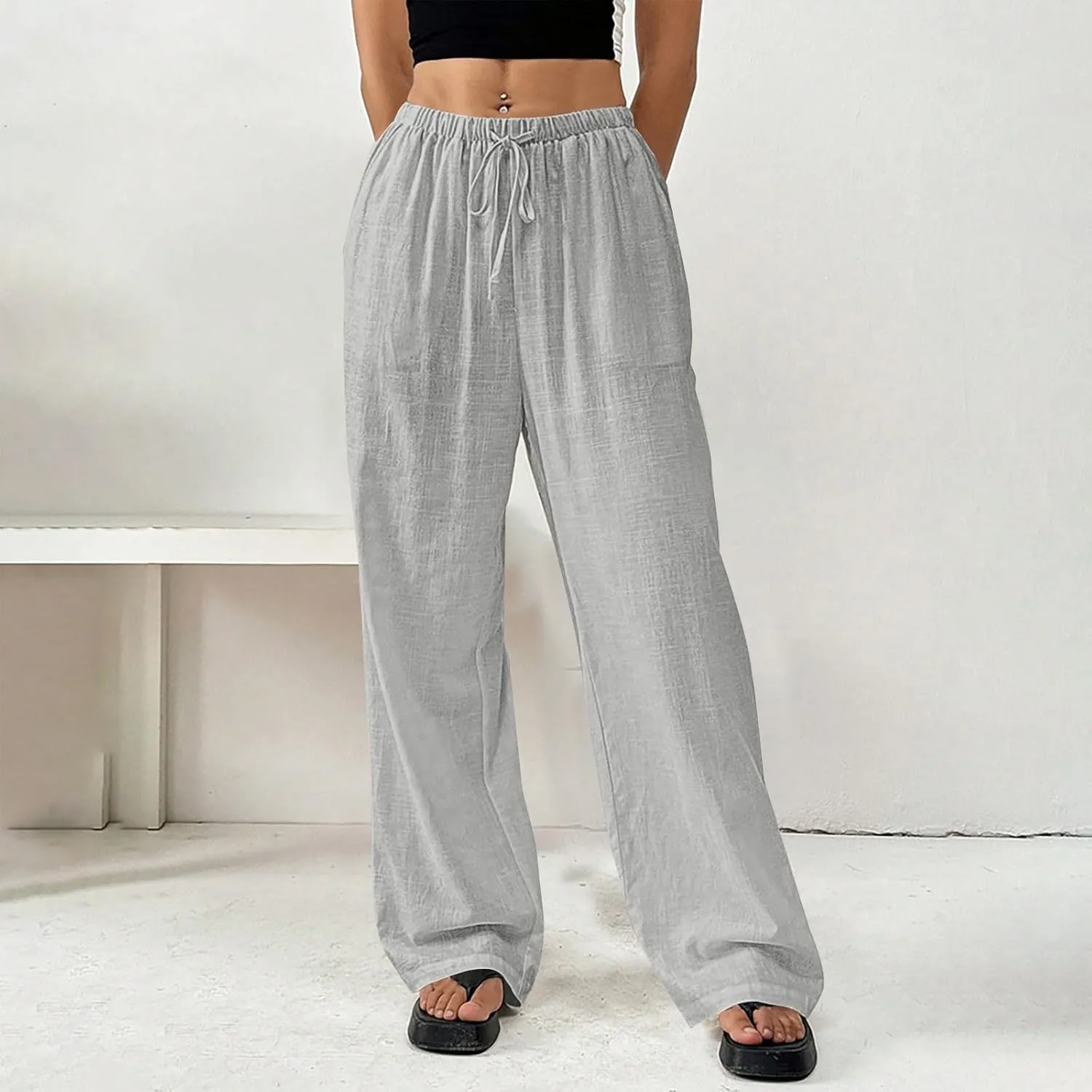 Women's Cotton Linen Straight Leg Pants Elastic Drawstring Lightweight Trousers with Pockets Summer Beach Lounge Pant