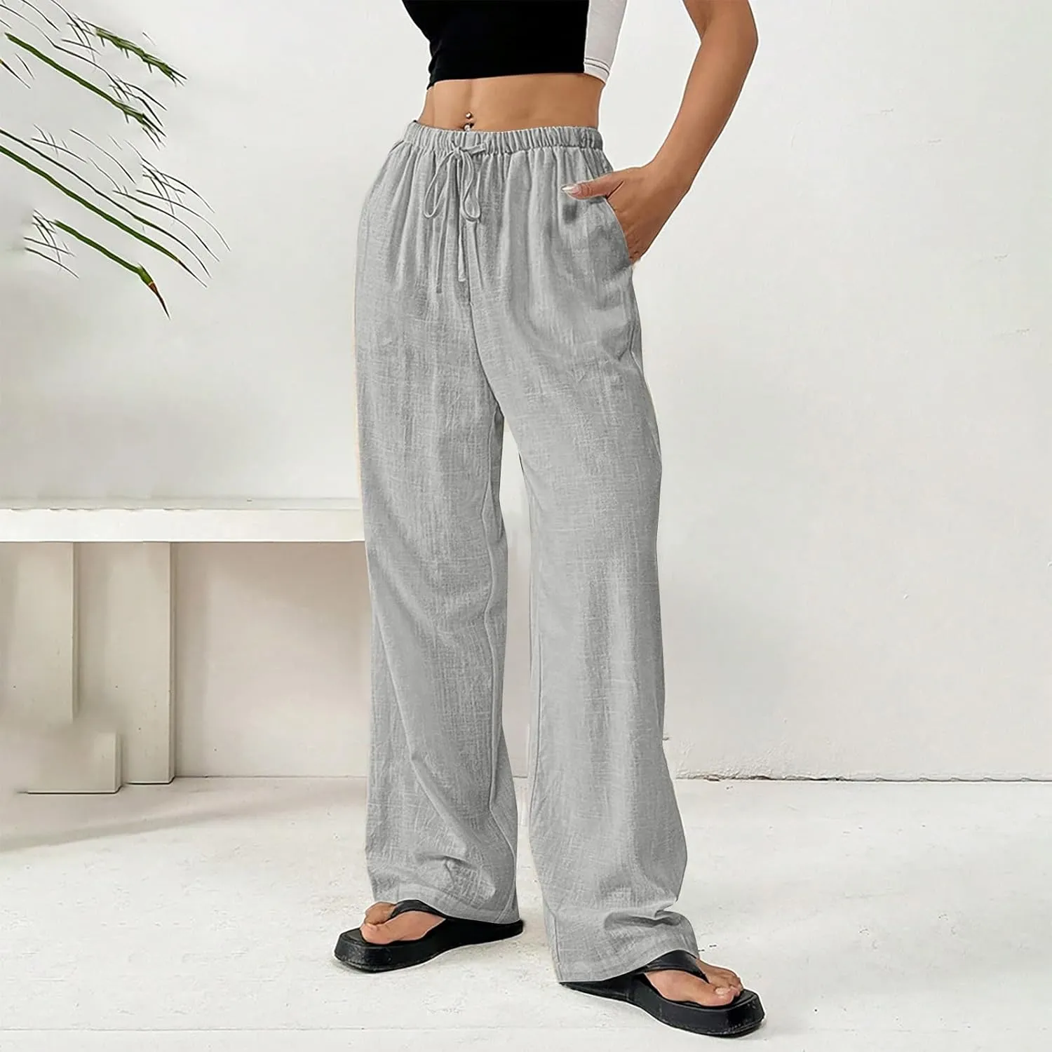 Women's Cotton Linen Straight Leg Pants Elastic Drawstring Lightweight Trousers with Pockets Summer Beach Lounge Pant