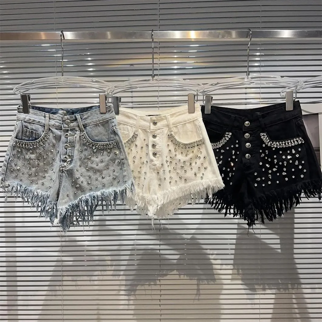 Women's Denim Shorts Shiny Rhinestones Wide Leg Short Jeans High Waisted Button Pant