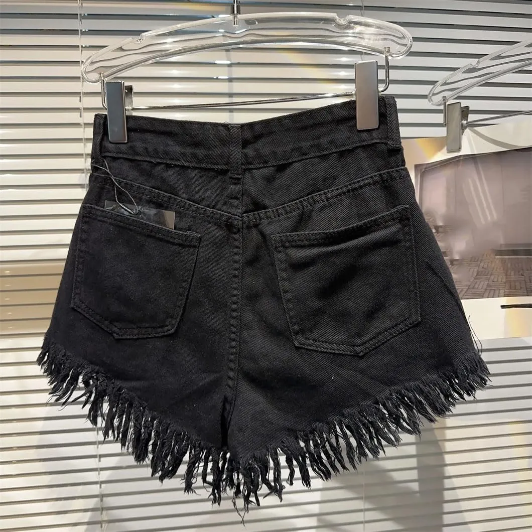 Women's Denim Shorts Shiny Rhinestones Wide Leg Short Jeans High Waisted Button Pant