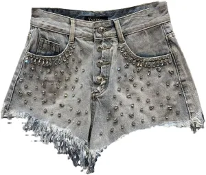 Women's Denim Shorts Shiny Rhinestones Wide Leg Short Jeans High Waisted Button Pant