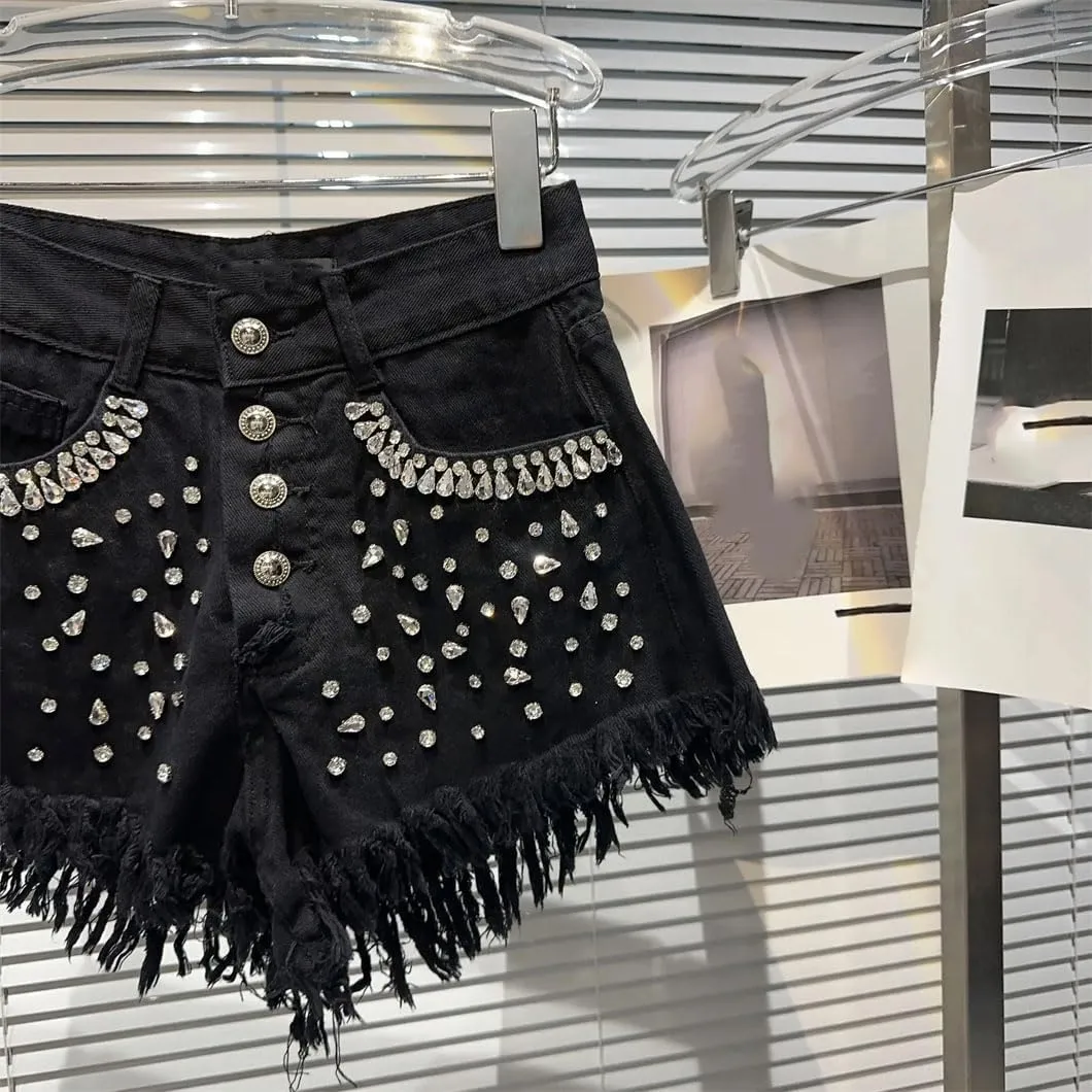 Women's Denim Shorts Shiny Rhinestones Wide Leg Short Jeans High Waisted Button Pant