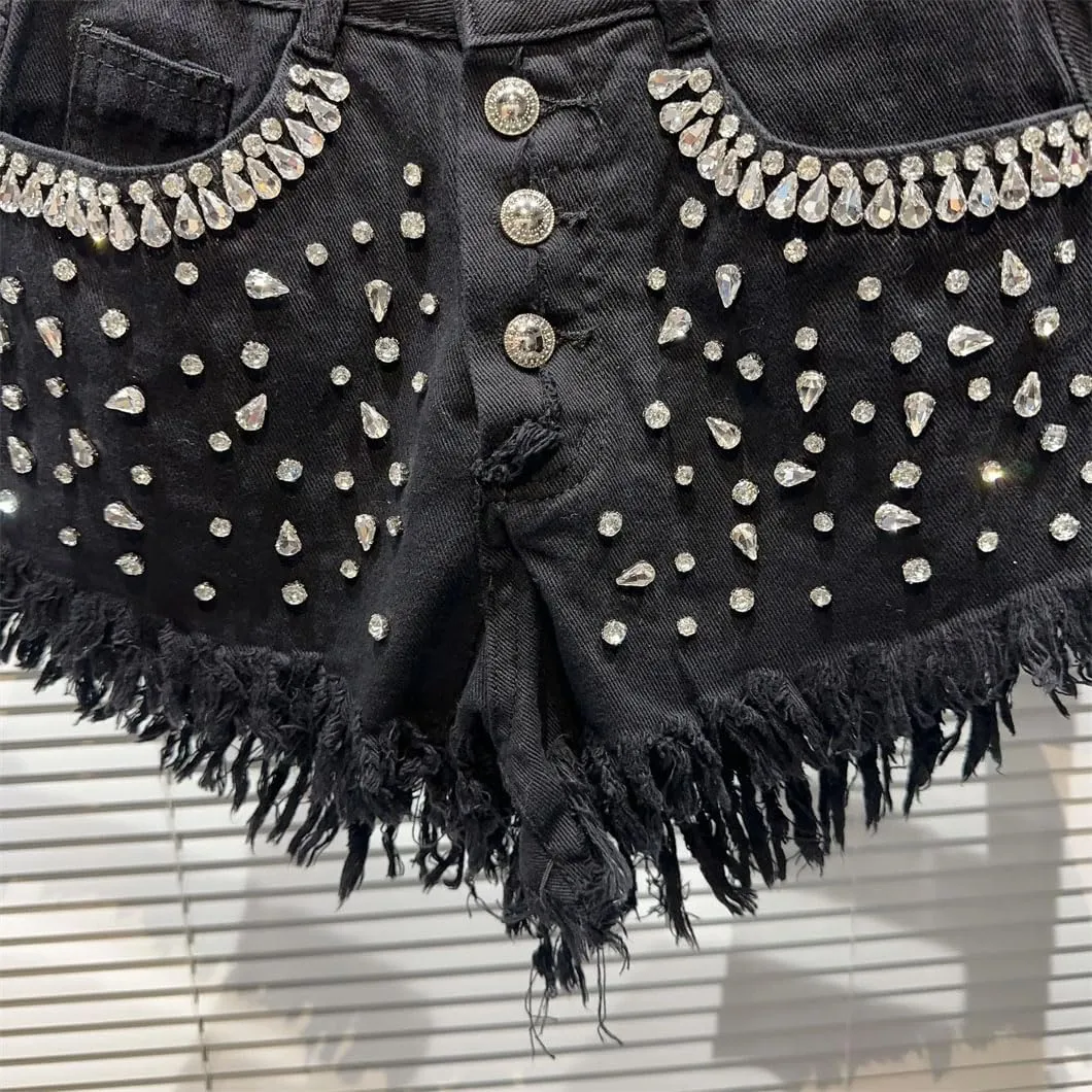 Women's Denim Shorts Shiny Rhinestones Wide Leg Short Jeans High Waisted Button Pant