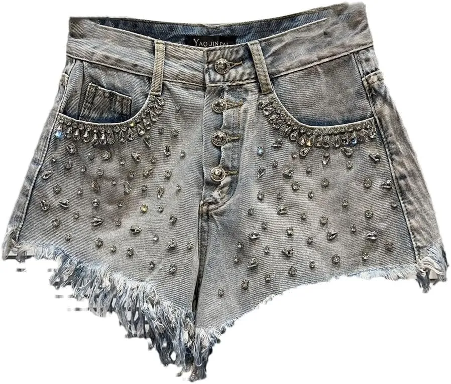 Women's Denim Shorts Shiny Rhinestones Wide Leg Short Jeans High Waisted Button Pant