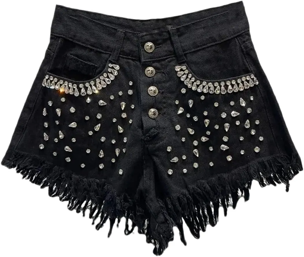 Women's Denim Shorts Shiny Rhinestones Wide Leg Short Jeans High Waisted Button Pant