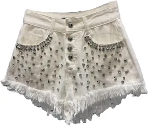 Women's Denim Shorts Shiny Rhinestones Wide Leg Short Jeans High Waisted Button Pant