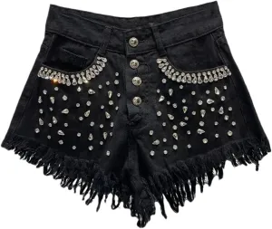 Women's Denim Shorts Shiny Rhinestones Wide Leg Short Jeans High Waisted Button Pant