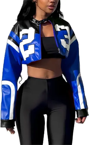 Women's Faux Leather Cropped Motorcycle Jacket Y2K Letter Bomber Jacket Streetwear Style