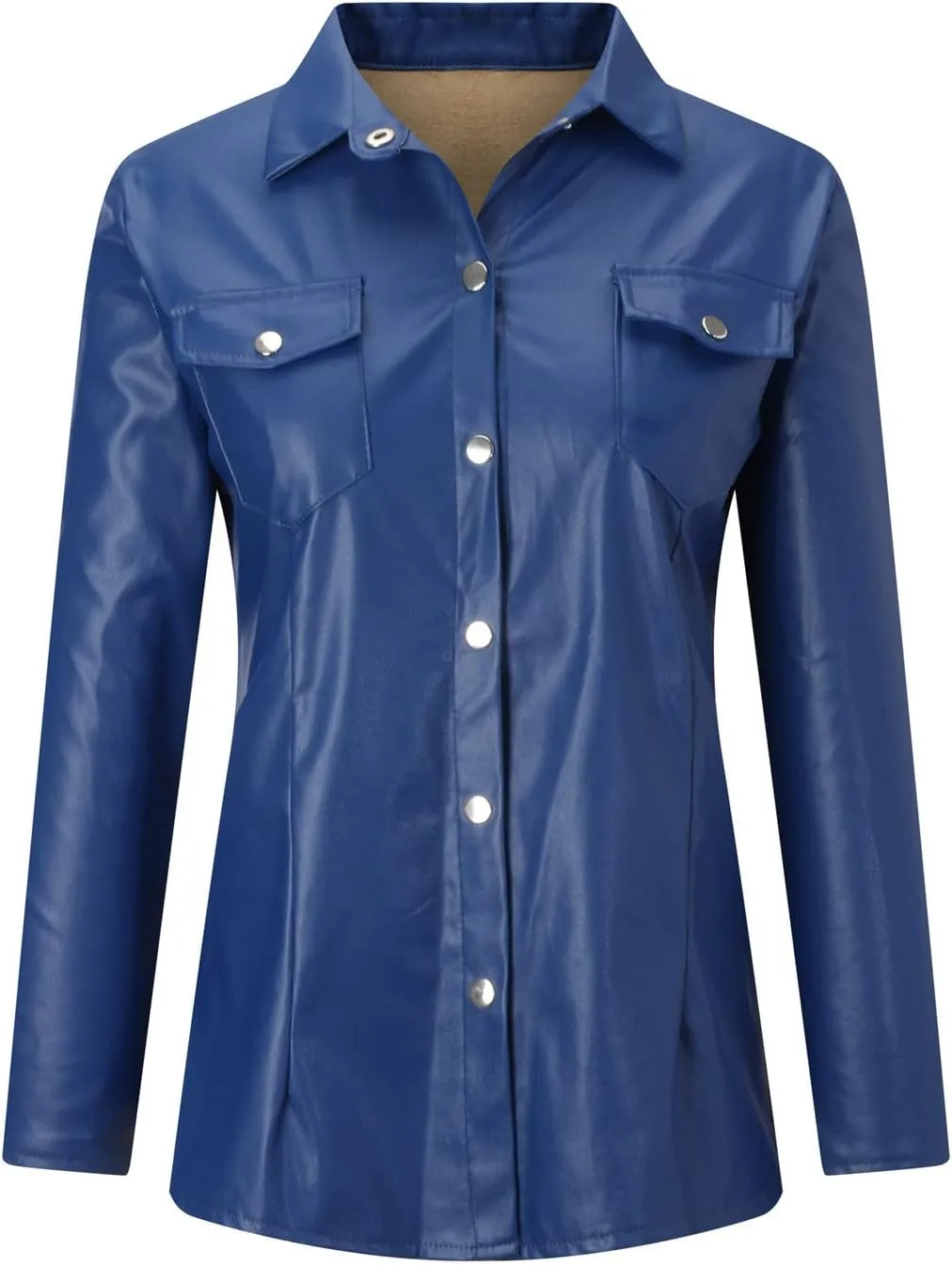 Women's Faux-Leather Jacket PU Snap Button Down Shirt Shacket Long Sleeve Motorcycle Fashion Biker Jacket Tops