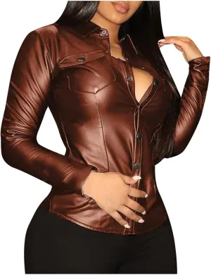 Women's Faux-Leather Jacket PU Snap Button Down Shirt Shacket Long Sleeve Motorcycle Fashion Biker Jacket Tops