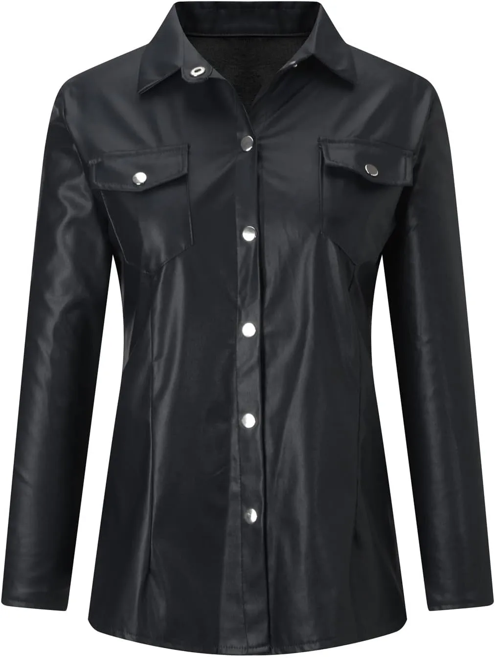 Women's Faux-Leather Jacket PU Snap Button Down Shirt Shacket Long Sleeve Motorcycle Fashion Biker Jacket Tops