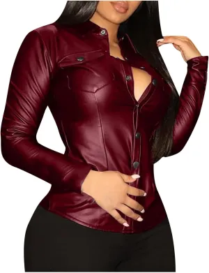 Women's Faux-Leather Jacket PU Snap Button Down Shirt Shacket Long Sleeve Motorcycle Fashion Biker Jacket Tops