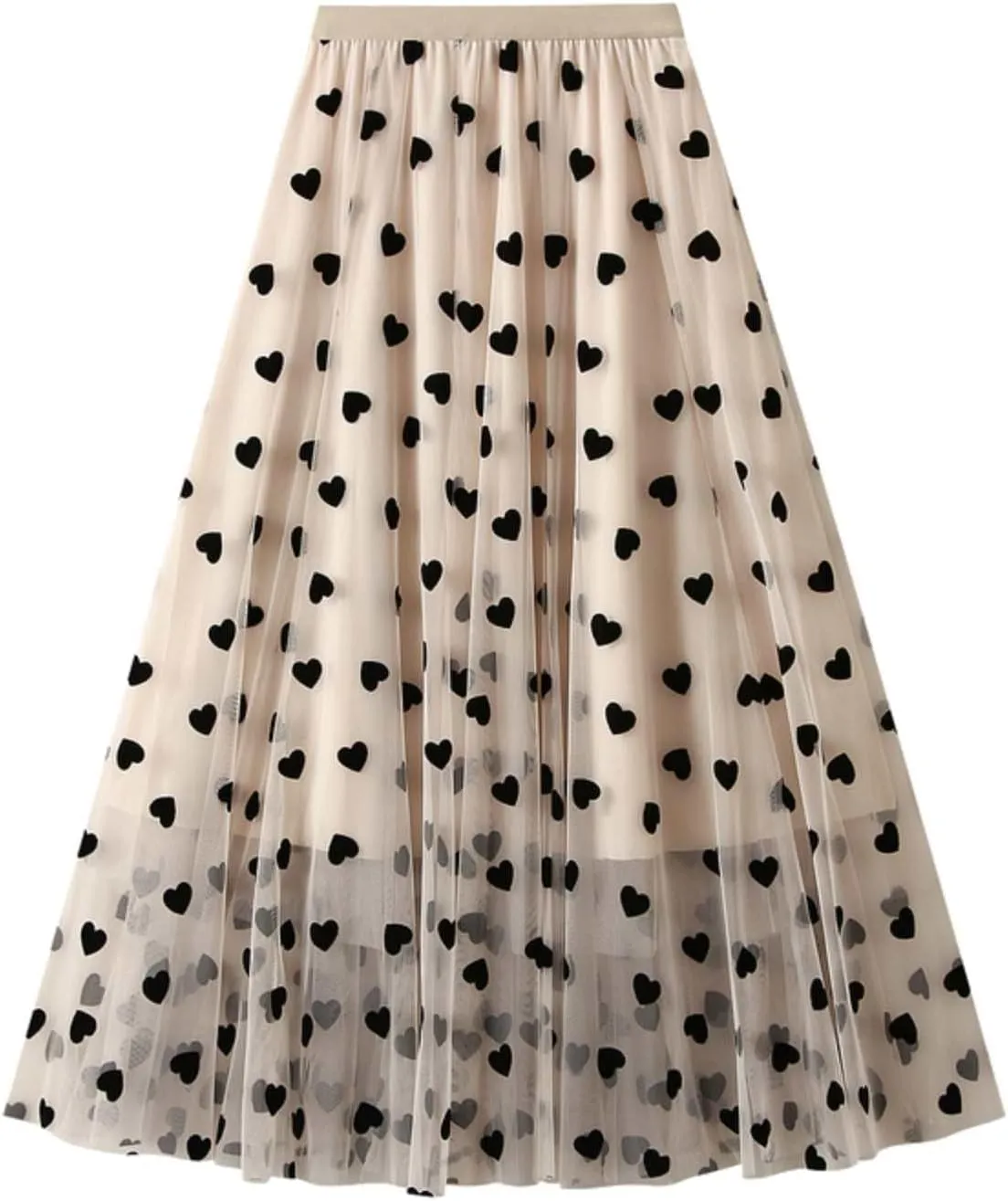 Women's Heart Print Mesh Pleated Midi Skirt High Waist A-Line Flowy Tulle Layered Long Skirts