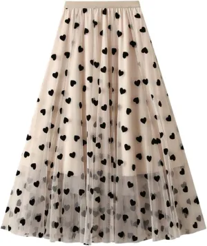Women's Heart Print Mesh Pleated Midi Skirt High Waist A-Line Flowy Tulle Layered Long Skirts