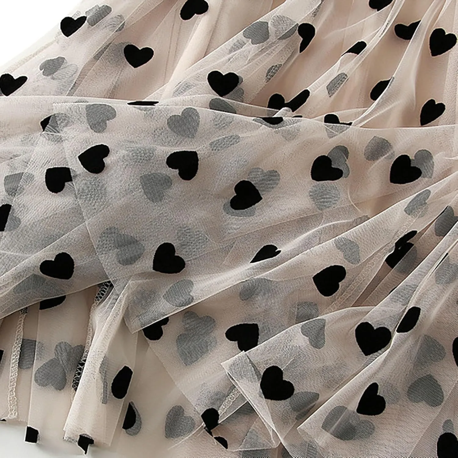 Women's Heart Print Mesh Pleated Midi Skirt High Waist A-Line Flowy Tulle Layered Long Skirts
