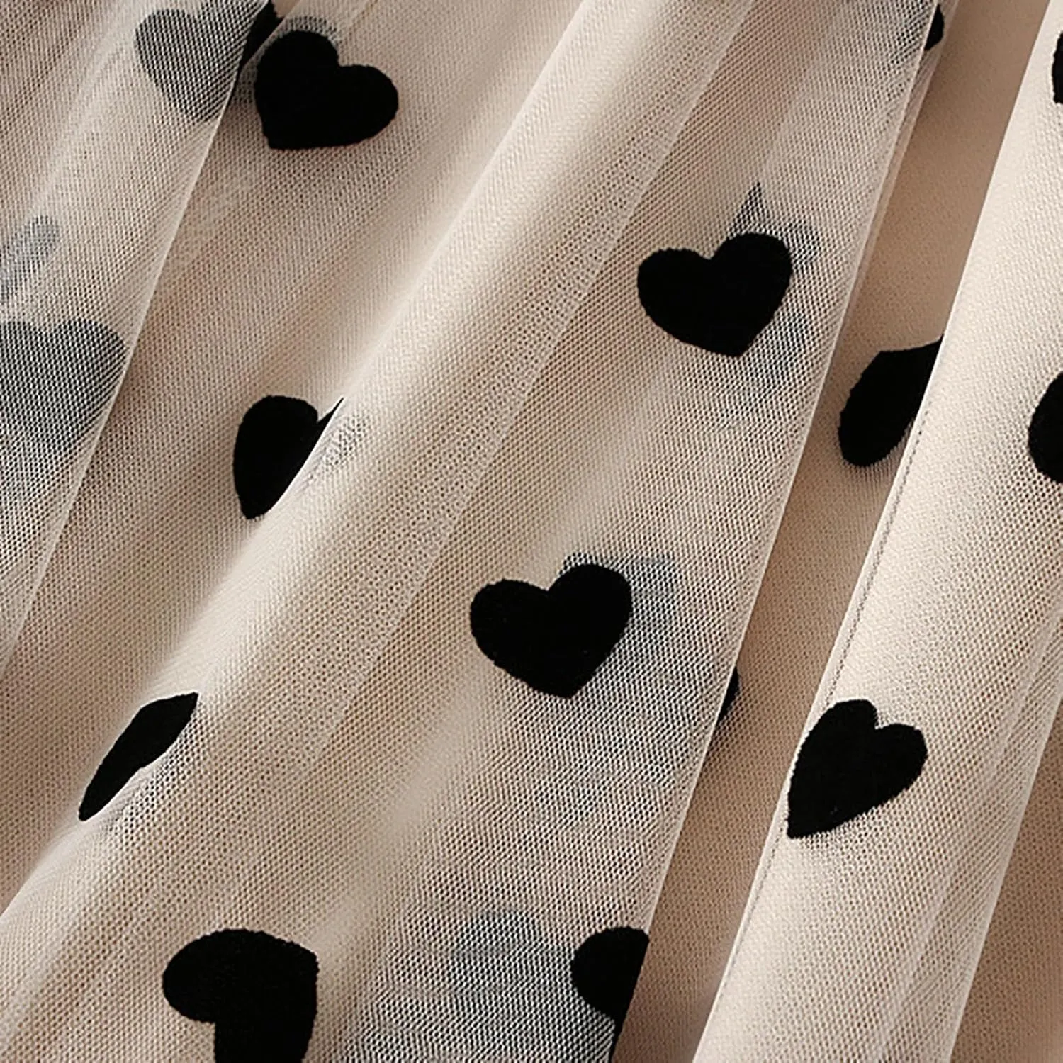 Women's Heart Print Mesh Pleated Midi Skirt High Waist A-Line Flowy Tulle Layered Long Skirts