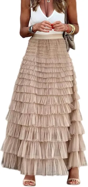 Women's High Waisted A Line Tiered Layered Mesh Tulle Long Maxi Skirt Petticoat