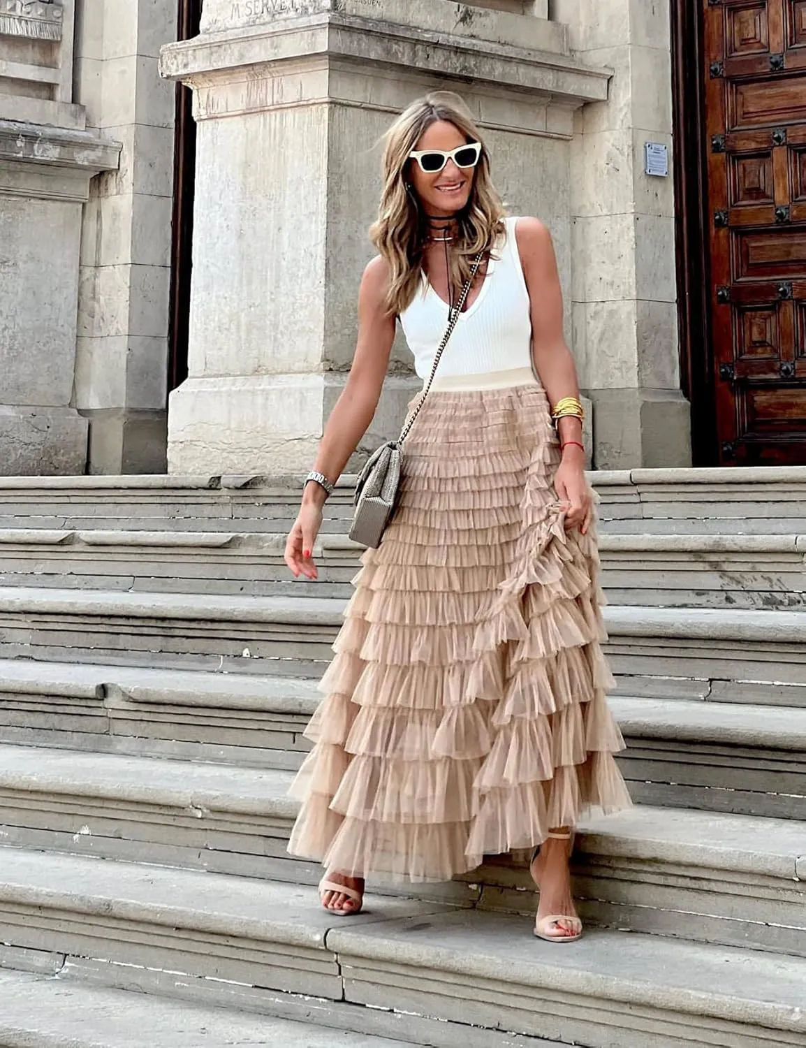 Women's High Waisted A Line Tiered Layered Mesh Tulle Long Maxi Skirt Petticoat