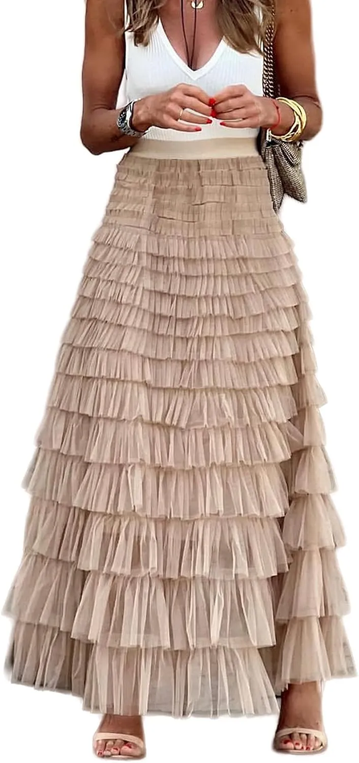 Women's High Waisted A Line Tiered Layered Mesh Tulle Long Maxi Skirt Petticoat