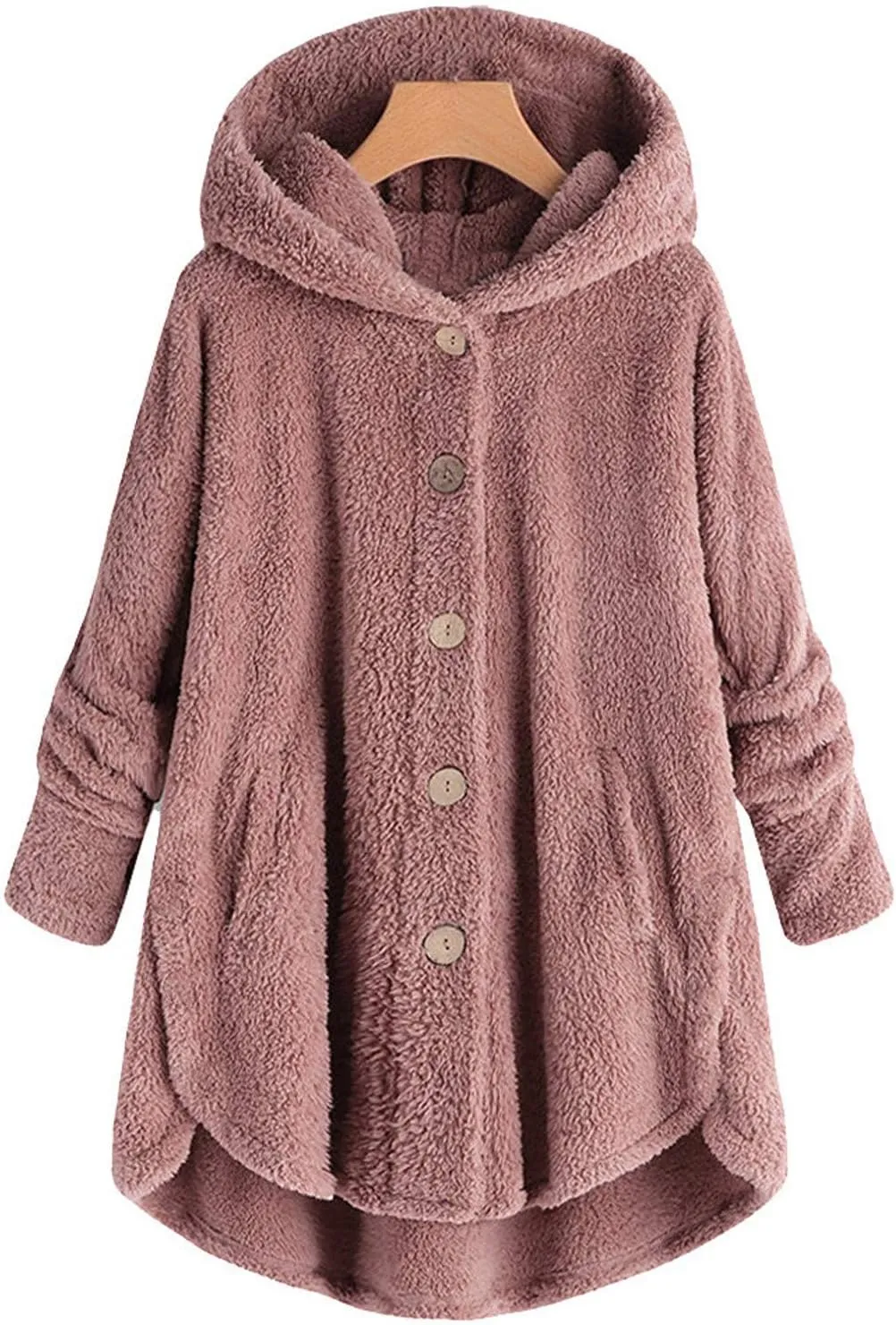 Women's Hooded Cardigan Fuzzy Plush Winter Warm Open Front Button Down Jacket Fleece Sherpa Coat Outwear Coat